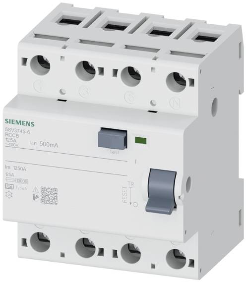 Ein dreipoliger Siemens Fehlerstromschutzschalter (FI-Schalter) mit Testtaste, geeignet für 25A und 500mA bei 400V.