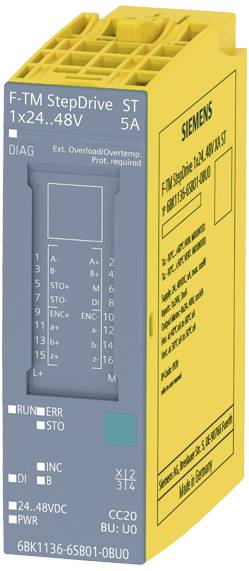 Elektronisches Modul von Siemens, F-TM StepDrive, gelb-grau, für Automatisierungstechnik. Modellangabe '1x24...48V 5A'.