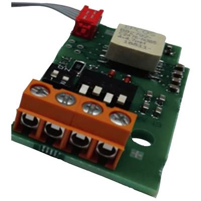 Grüne elektronische Schaltung mit orangefarbenen Anschlüssen und rotem Schalter oben, zeigt Detail eines technischen Geräts.