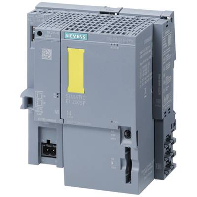 Eine graue Siemens SIMATIC ET 200SP CPU 1515SP Geräteaufnahme mit gelbem Einsatz und mehreren Anschlüssen, seitliche Ansicht.