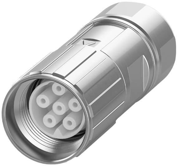 Ein silberner, zylindrischer Stecker mit mehreren Steckplätzen. Geeignet zur Verbindung von elektronischen Geräten.