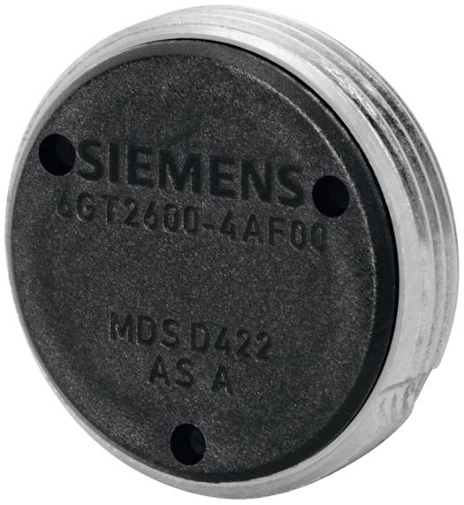 Runder Siemens-Transponder mit schwarzer Oberfläche und silbernem Rand, Aufschrift 'MDS D422' und Seriennummer '6GT2600-4AF00'.