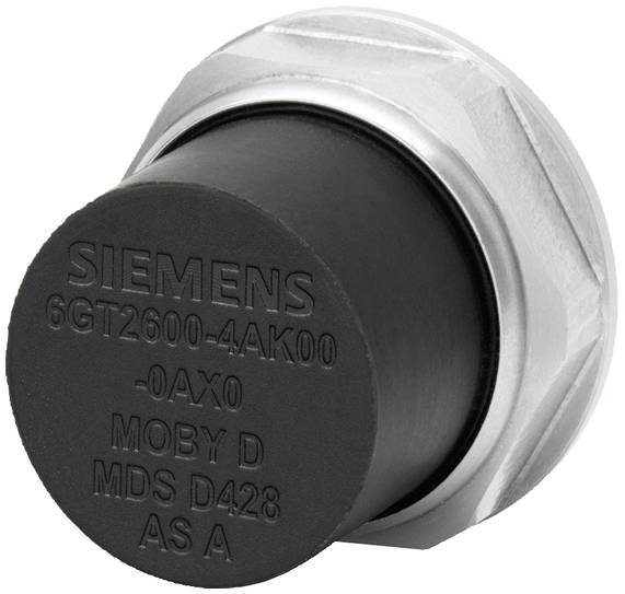 Ein runder schwarzer RFID-Transponder von Siemens mit der Aufschrift 'SIEMENS', '6GT2600-4AK00', geeignet für industrielle Anwendungen.