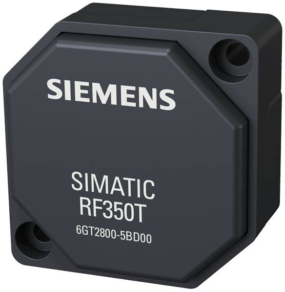 Ein schwarzes, sechseckiges Gerät mit der Aufschrift 'SIEMENS SIMATIC RF350T 6GT2800-5BD00'. Es scheint ein RFID-Transponder zu sein.