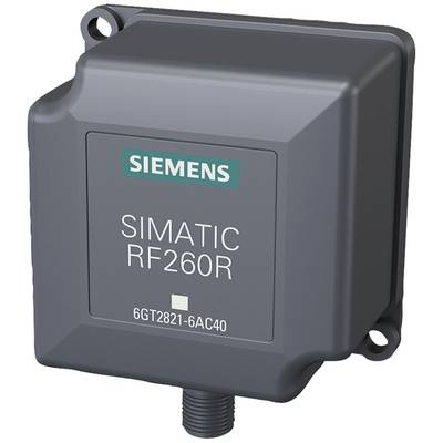 'Siemens SIMATIC RF260R Lesegerät' auf einem quadratischen, grauen Gehäuse mit Befestigungslöchern an zwei Ecken und Kabelanschluss unten.