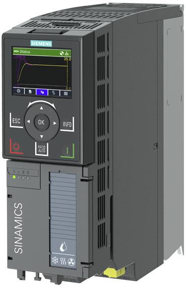 Ein Frequenzumrichter von Siemens mit Displayanzeige und Bedienelementen. Links oben wird eine Grafik und Temperatur ('23,6°C') angezeigt.