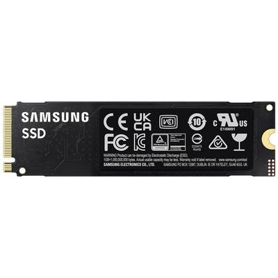 Schwarze Samsung SSD mit verschiedenen Zertifizierungs- und Warnsymbolen auf einem Etikett, geeignet für Computer- und Laptop-Nutzung.