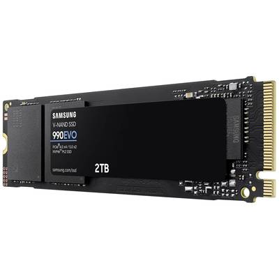 Festplatte Samsung V-NAND SSD 990 EVO mit 2TB Speicher, schwarz, seitlich betrachtet. Enthält technische Beschriftungen.