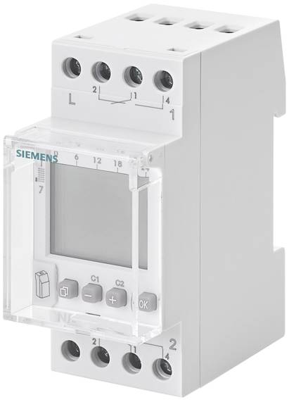 Elektronische Zeitschaltuhr von Siemens, weißgrau, mit mehreren Eingangs- und Ausgangsanschlüssen und digitalem Display.