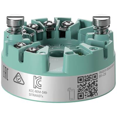 Grüner, runder Temperaturtransmitter mit Schraubanschlüssen und verschiedenen Zertifizierungskennzeichen auf der Seite.