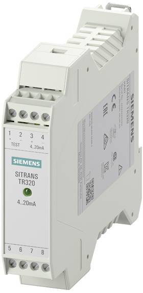 Ein grauer Siemens SITRANS TR320 Temperaturtransmitter ist abgebildet, geeignet für Hutschienenmontage, zeigt Anschlüsse und Beschriftung.