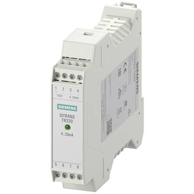 Ein grauer Siemens SITRANS TR320 Temperaturtransmitter ist abgebildet, geeignet für Hutschienenmontage, zeigt Anschlüsse und Beschriftung.
