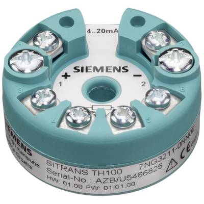Dieser Transmitter ist ein 'SIEMENS SITRANS TH100' zur Signalübertragung. Er zeigt Anschlüsse für eine 4-20 mA Spannungsversorgung.