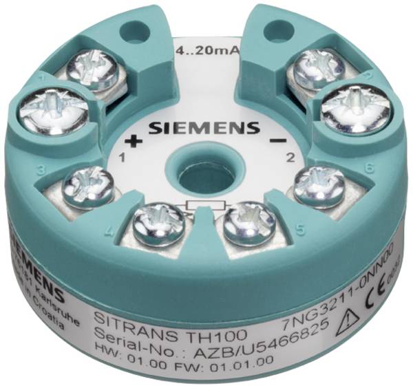 Siemens 7NG3211-0AN00 Temperaturmessumformer SITRANS TH100 fuer PT100 zum Einbau im Anschlusskopf Typ B (DIN43729), Zweileiter- technik 4...20 mA, pro- grammierbar, ohne... 7NG32110AN00