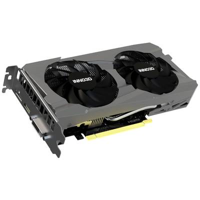 Grafikkarte mit zwei Lüftern und dem Markenlogo 'INNO3D'. Sie hat HDMI- und DVI-Anschlüsse sowie einen gelben PCIe-Anschluss.