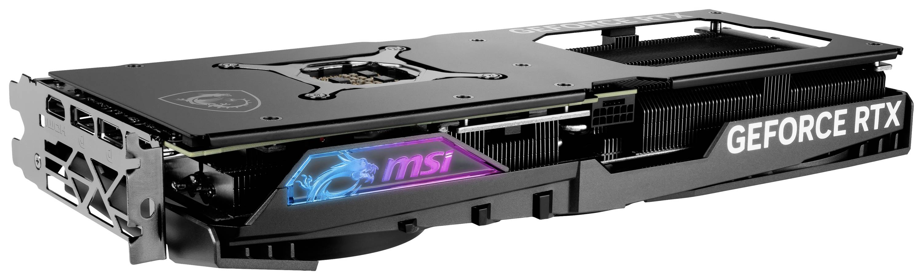 Eine schwarze Grafikkarte mit 'GEFORCE RTX' und einem leuchtenden 'msi'-Logo an der Seite.