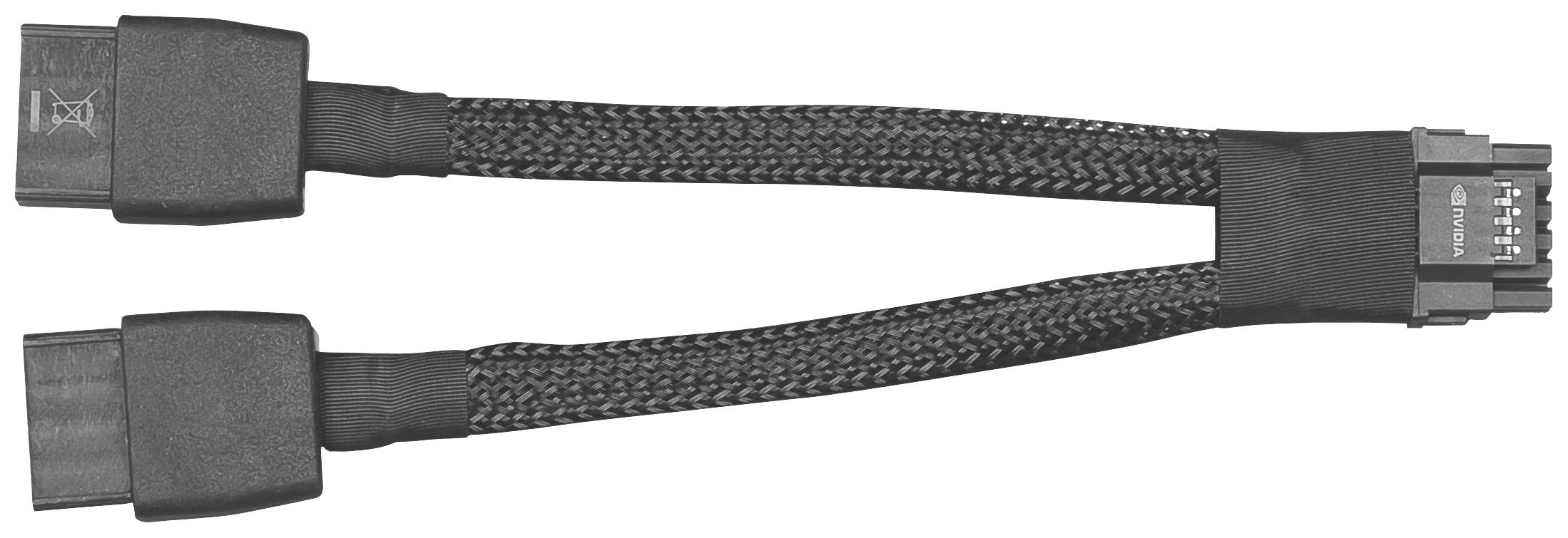 Ein Y-Adapterkabel mit einem 6-Pin-PCIe-Stecker, das in zwei 8-Pin-Stecker geteilt wird. Verwendet für die Stromversorgung von Grafikkarten.