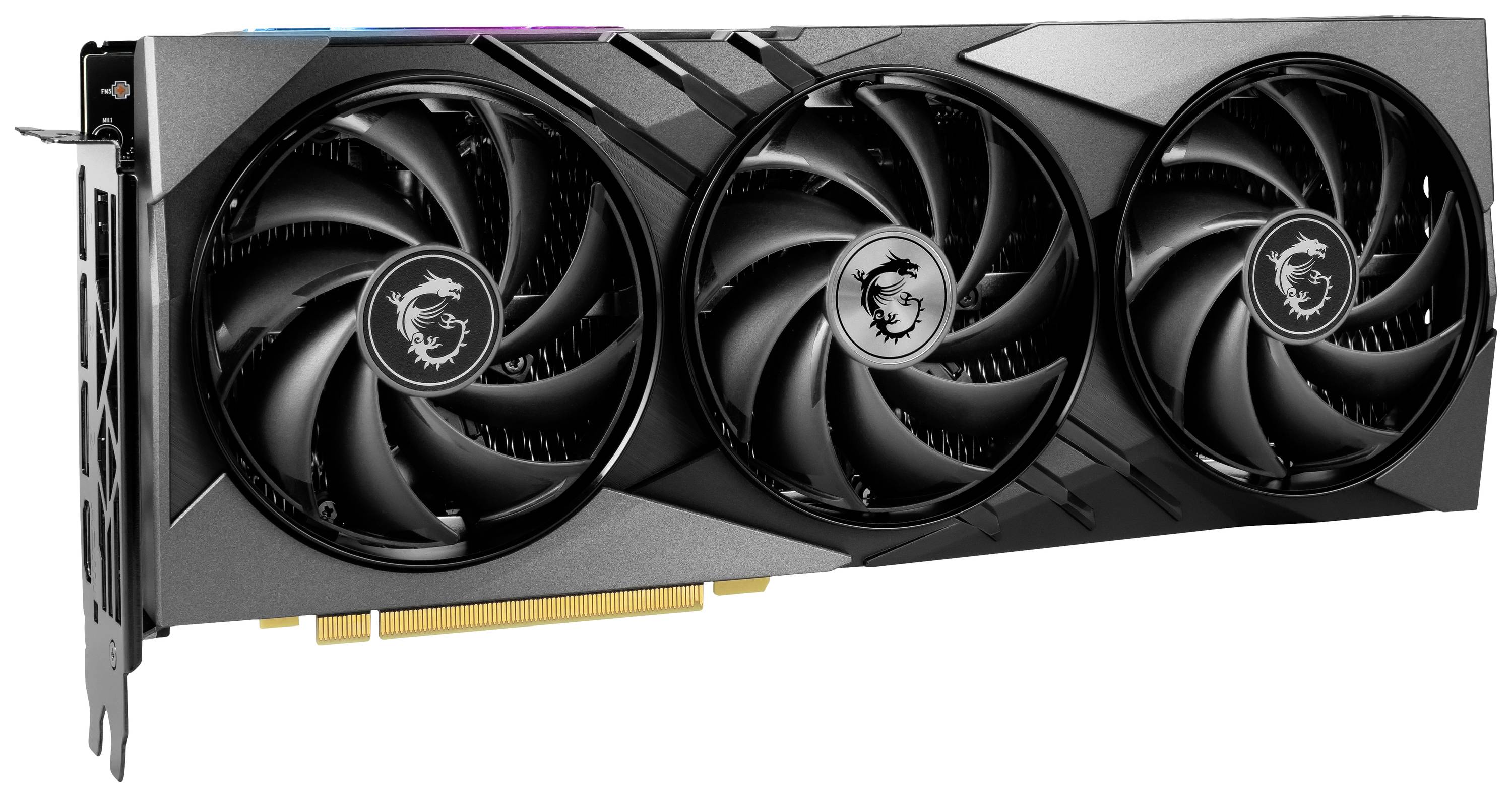 Eine schwarze Grafikkarte mit drei Lüftern und einem goldenen Anschluss unten.