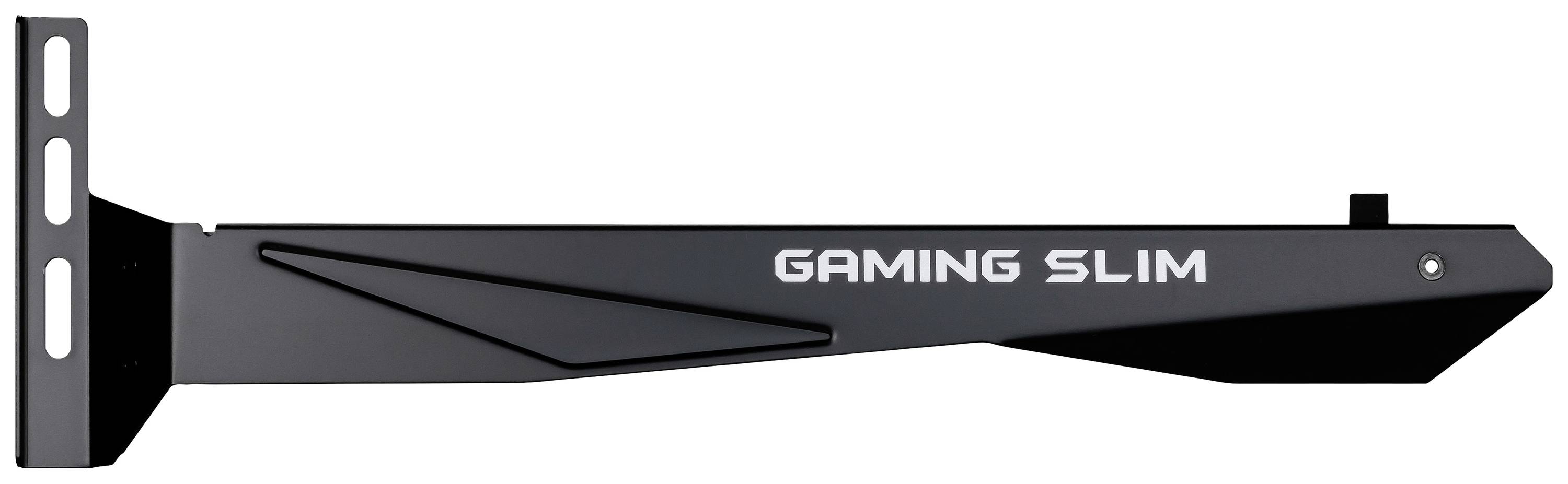 Eine schwarze Grafikkartenhalterung mit der Aufschrift 'GAMING SLIM'. Sie dient zur Unterstützung schwerer Grafikkarten in Computergehäusen.