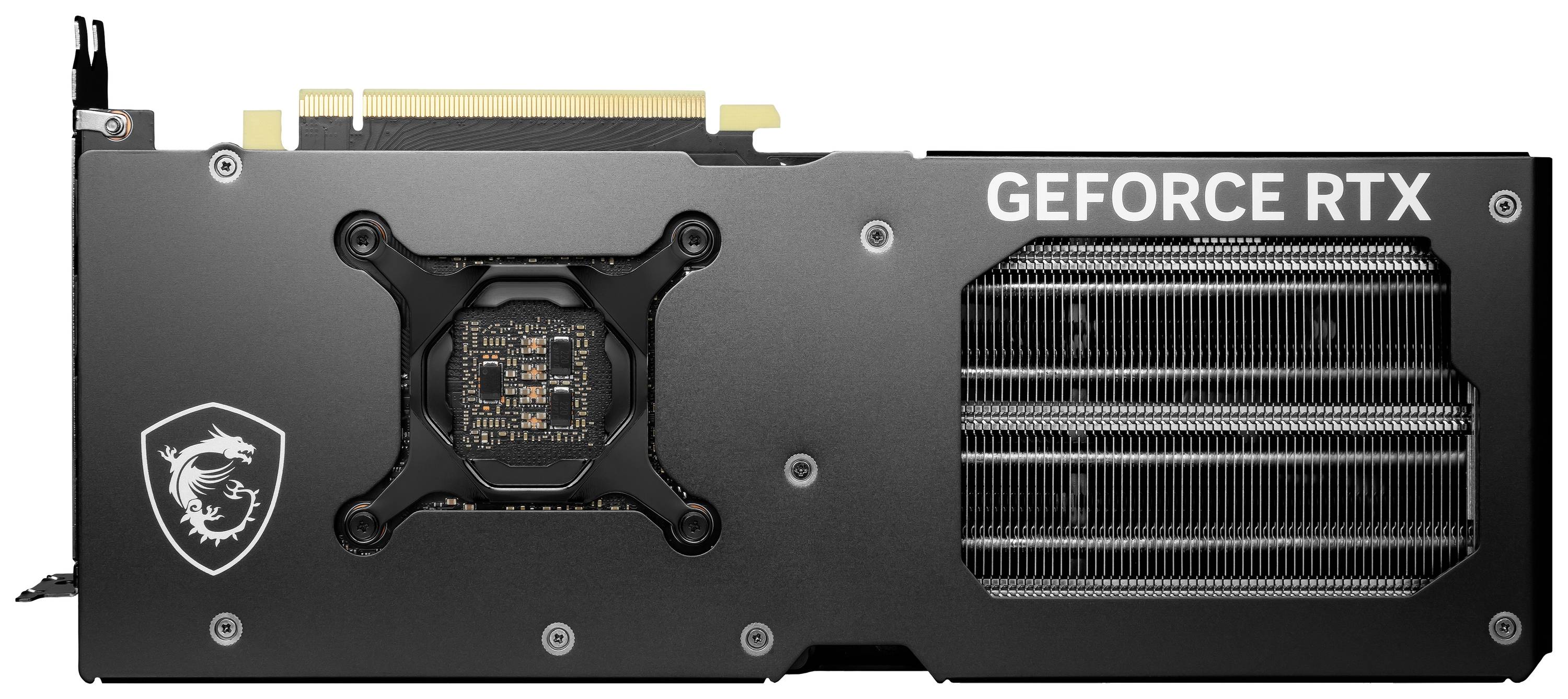 Grafikkarte mit Kühlkomponenten und technischen Anschlüssen. Markierung 'Geforce RTX' sichtbar, Herstellerlogo an der Seite.