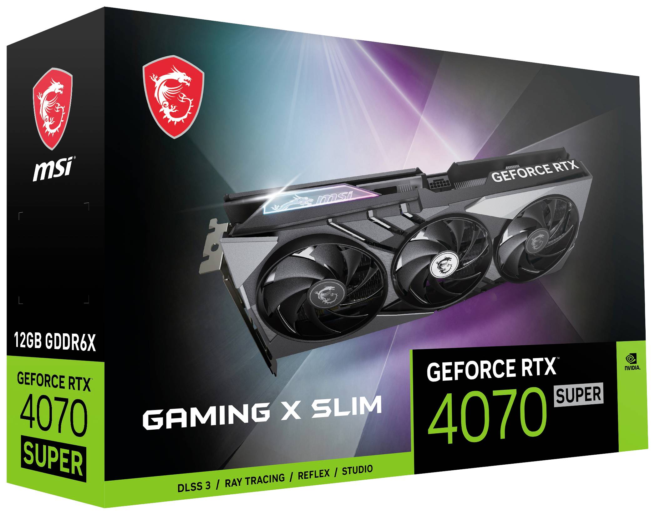 'Verpackung der MSI GeForce RTX 4070 Super Grafikkarte mit 12GB GDDR6X und DLSS 3.0. Hervorgehoben: Gaming X Slim, Ray Tracing.'