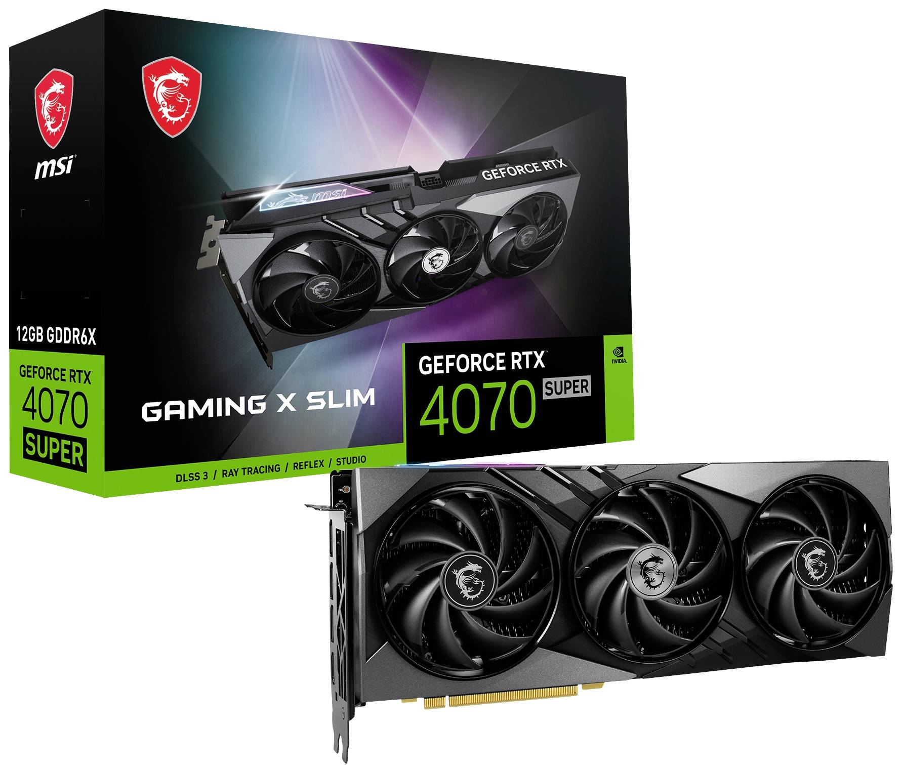 'GeForce RTX 4070 Super' Grafikkarte von MSI mit drei Lüftern, abgebildet vor der zugehörigen Verpackung.