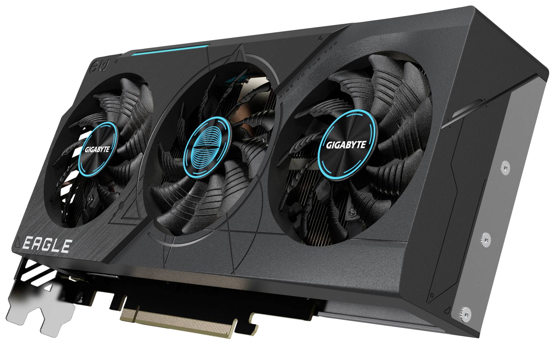 Eine schwarze Grafikkarte mit drei Lüftern und blauen Akzenten, Marke GIGABYTE. Modellkennung 'EAGLE' auf der linken Seite ersichtlich.