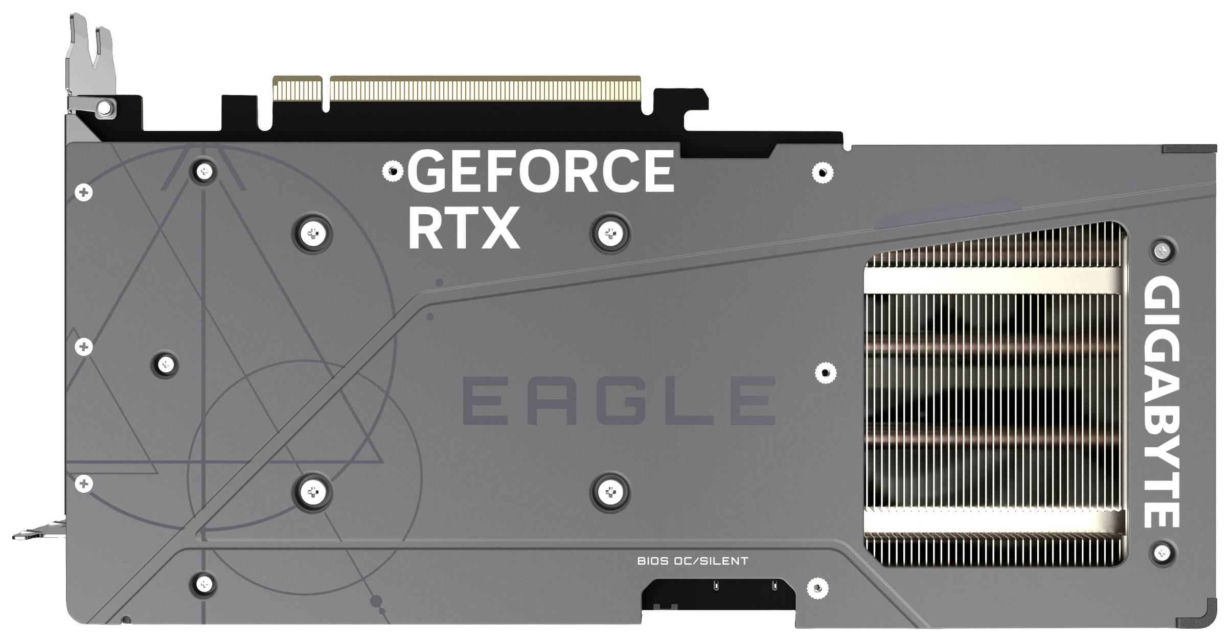 'Rückseite einer Grafikkarte, beschriftet mit GeForce RTX, Eagle und Gigabyte. Sichtbare Kühlrippen zeigen das technische Design.'