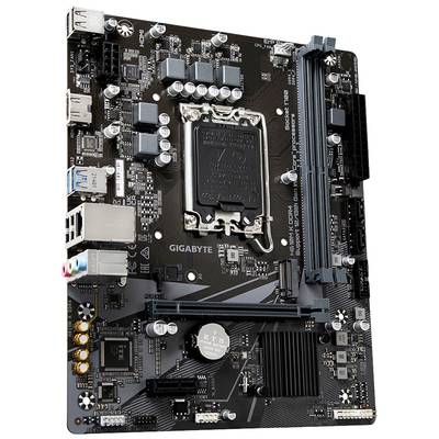 Eine schwarze Gigabyte-Mainboard-Platine mit unterschiedlichen elektronischen Bauteilen und Steckplätzen für RAM, CPU und Anschlüsse.