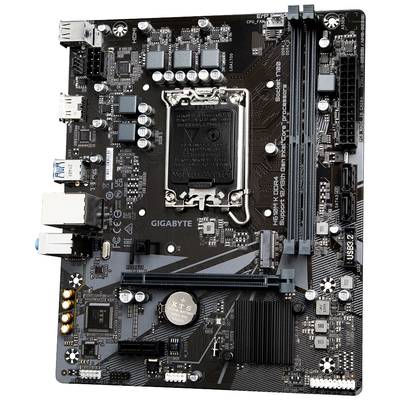 'GIGABYTE-Motherboard mit CPU-Sockel, zwei RAM-Steckplätzen und verschiedenen Anschlüssen und Komponenten, schwarz mit silbernen Details.'