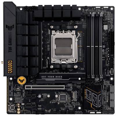 'Mainboard für PCs mit TUF Gaming Design, Sockel für Prozessor, vier RAM-Steckplätze, mehrere Anschlüsse und Kühlkörper.'