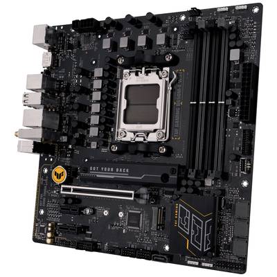 'Schwarzes Mainboard mit mehreren Steckplätzen und Anschlüssen. Inschrift: "Got Your Back" und ein gelbes Logo unten links.'