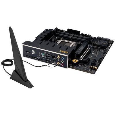 Ein Mainboard mit mehreren Anschlüssen, einschließlich USB, Audio und Netzwerk, daneben eine angeschlossene WLAN-Antenne.