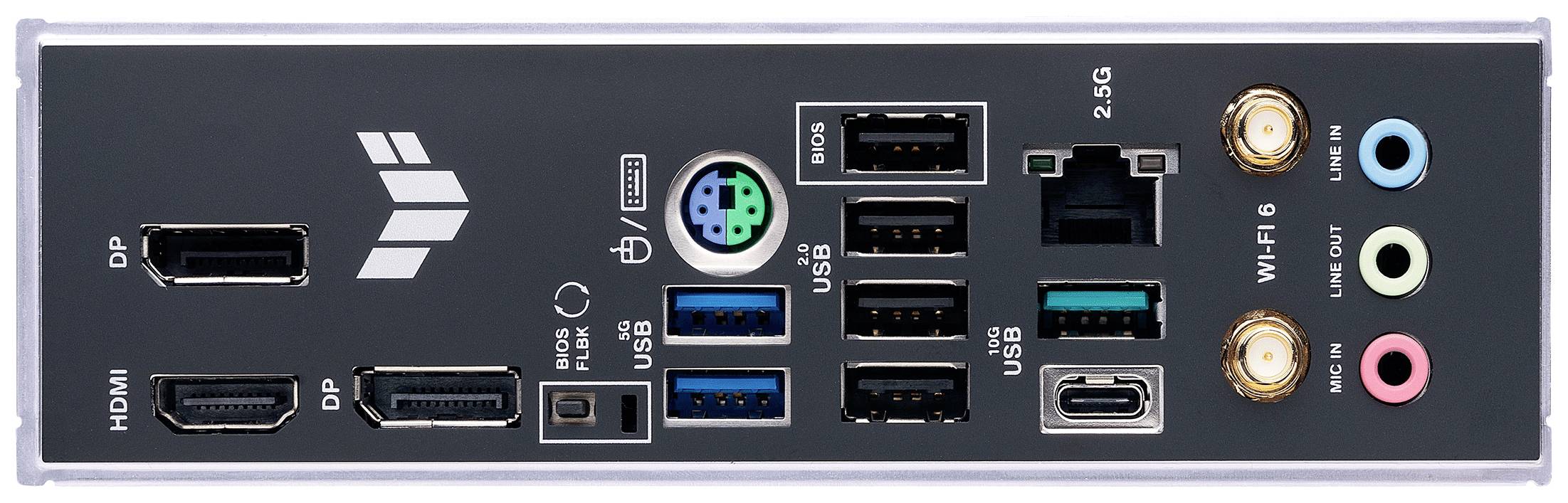 Rückseite eines Computer-Mainboards mit mehreren Anschlüssen, einschließlich HDMI, DisplayPort, USB-Anschlüsse, Ethernet, Audio und Wi-Fi.