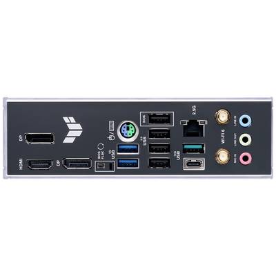 Rückseite eines Computer-Mainboards mit mehreren Anschlüssen, einschließlich HDMI, DisplayPort, USB-Anschlüsse, Ethernet, Audio und Wi-Fi.