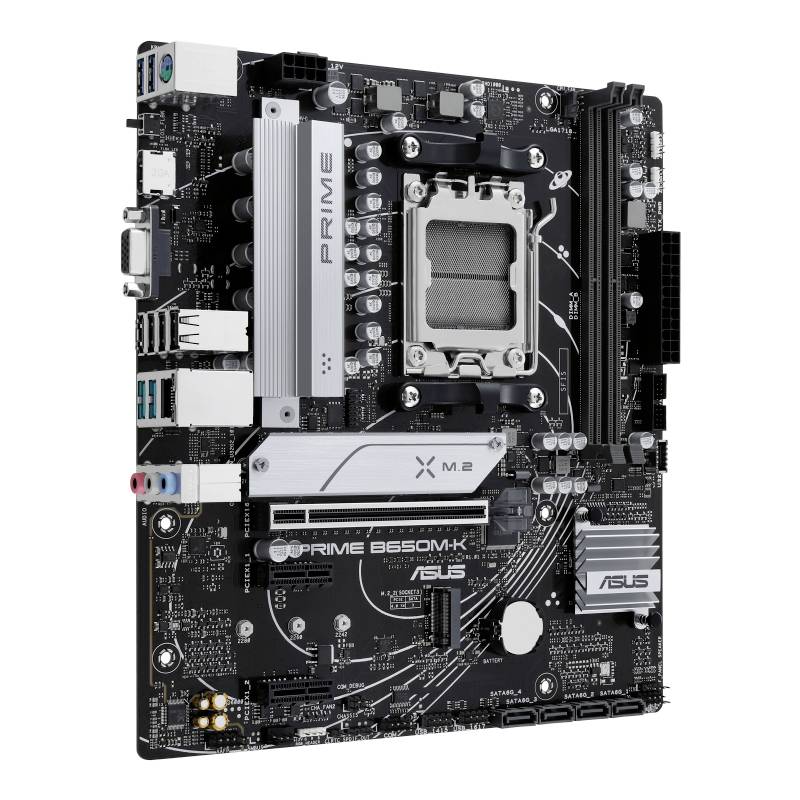 Hauptplatine (Motherboard) ASUS PRIME A620M-K mit verschiedenen Anschlüssen und Steckplätzen, geeignet für den Bau eines PCs.