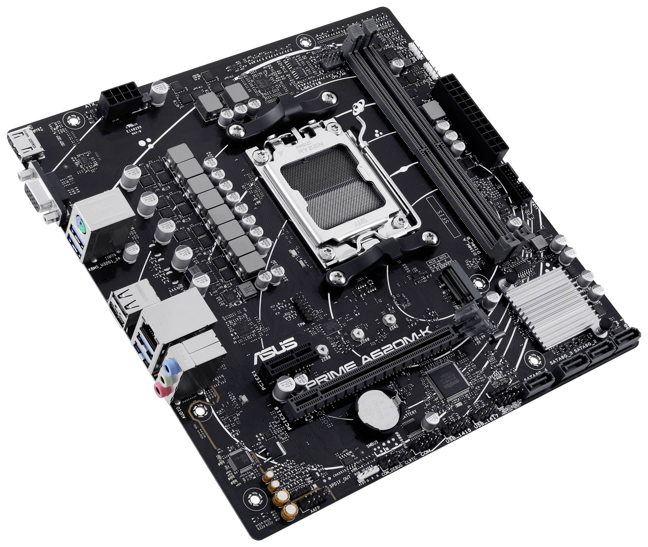 Schwarzes Mainboard mit silbernen Anschlüssen und Steckplätzen, Modell 'ASUS PRIME A320M-K', mit mehreren USB- und Audioports.
