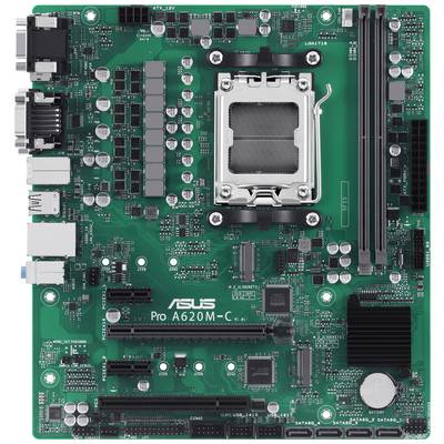 Eine grüne Computer-Mainboard-Platine mit verschiedenen Steckplätzen und Anschlüssen, markiert als 'ASUS Pro A620M-C'.