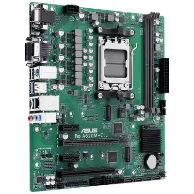 Grüne Hauptplatine mit mehreren Steckplätzen für Prozessor, RAM und Anschlüssen für Peripheriegeräte. Modell 'Pro A620M-C'.