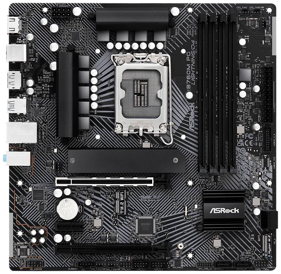 Mainboard in Schwarz mit mehreren Steckplätzen für RAM, Prozessor und Erweiterungskarten. Markierungen zeigen Anschlüsse.