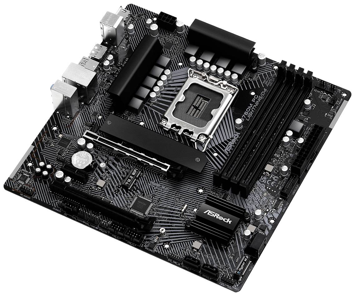 Eine schwarze Computer-Motherboard-Platine mit mehreren Anschlüssen, Steckplätzen und einem markanten Chipbereich in der Mitte.