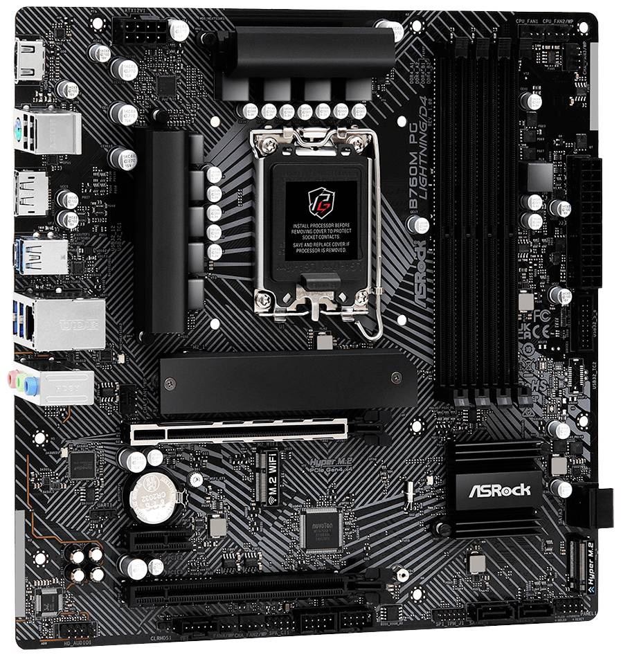 Eine schwarze ASRock-Motherboard-Platine mit mehreren Anschlüssen, Speichersteckplätzen, einem CPU-Sockel und Kühlkörpern.