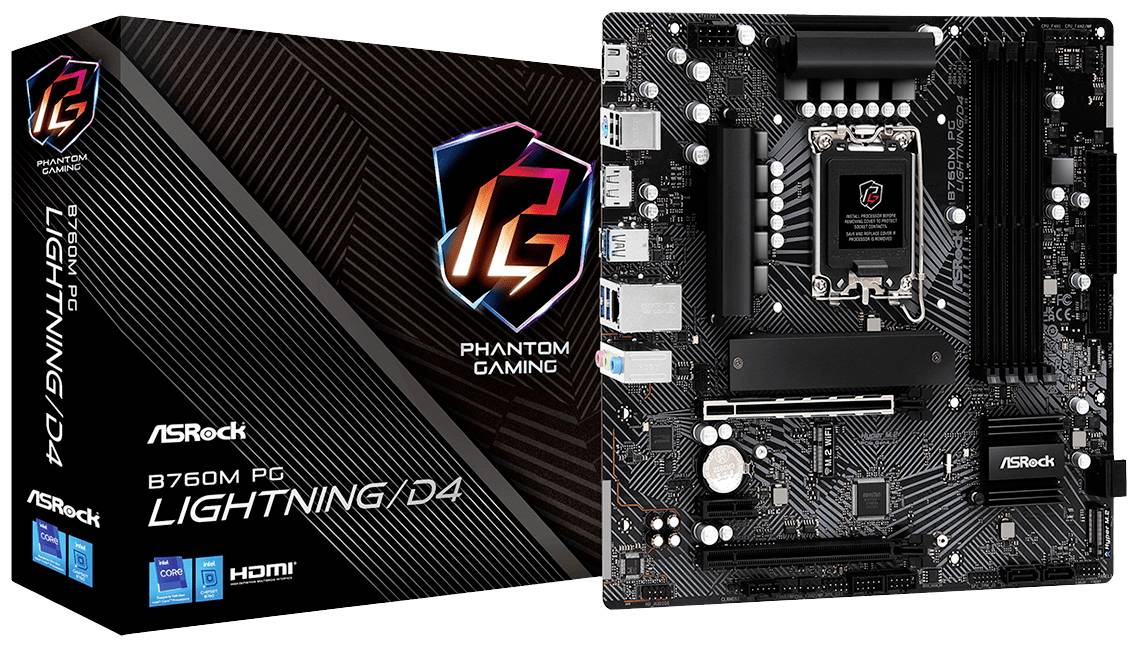 'ASRock B760M PG Lightning D4' Hauptplatine neben Originalverpackung, geeignet für Gaming-PCs, mit HDMI- und Marke-Logo.
