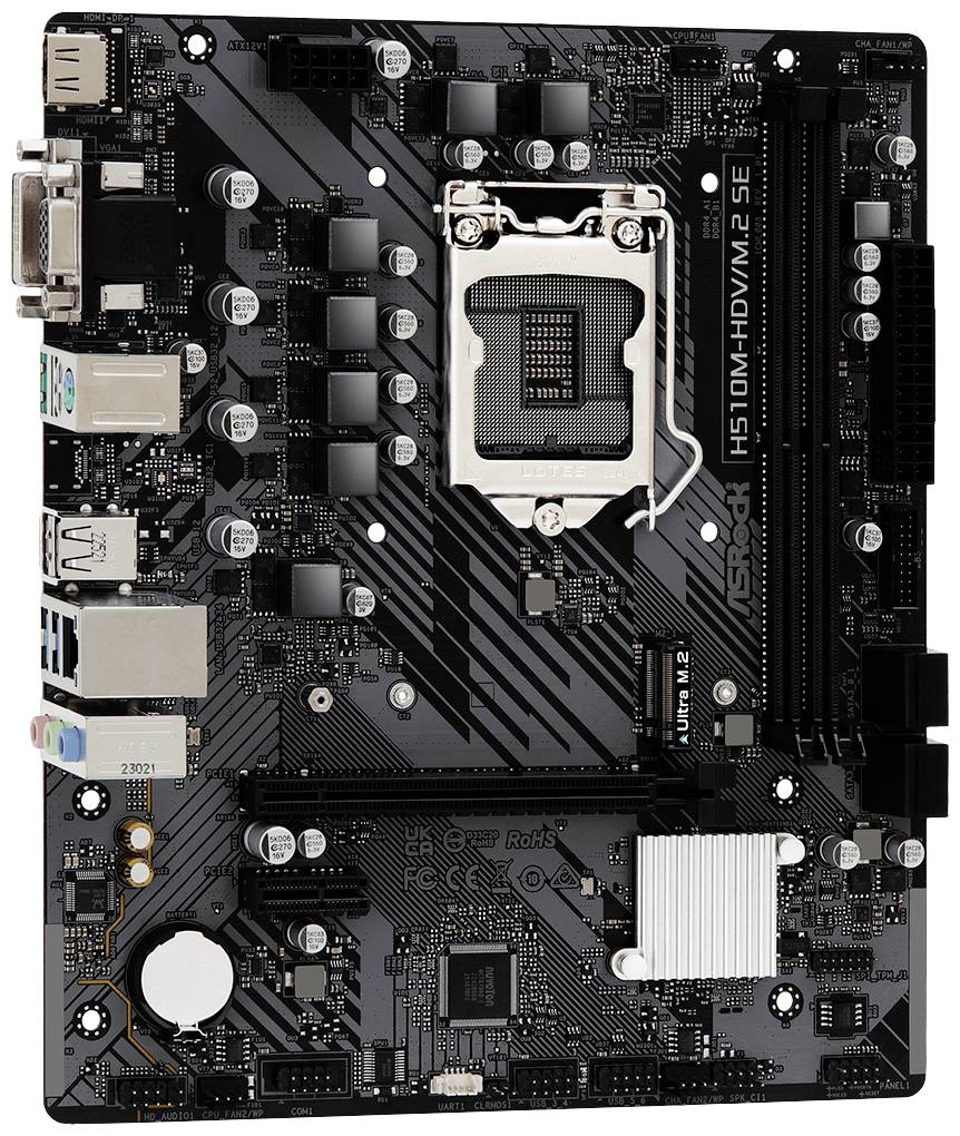 'ASRock H510M-HDV/M.2 SE' Motherboard, zeigt verschiedene Anschlüsse und Steckplätze, geeignet für Computer-Hardware-Konfigurationen.
