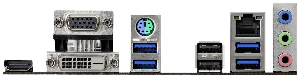 Rückseite eines Computer-Motherboards mit verschiedenen Anschlüssen: HDMI, VGA, DVI, PS/2, USB-3, Ethernet und Audioanschlüsse.