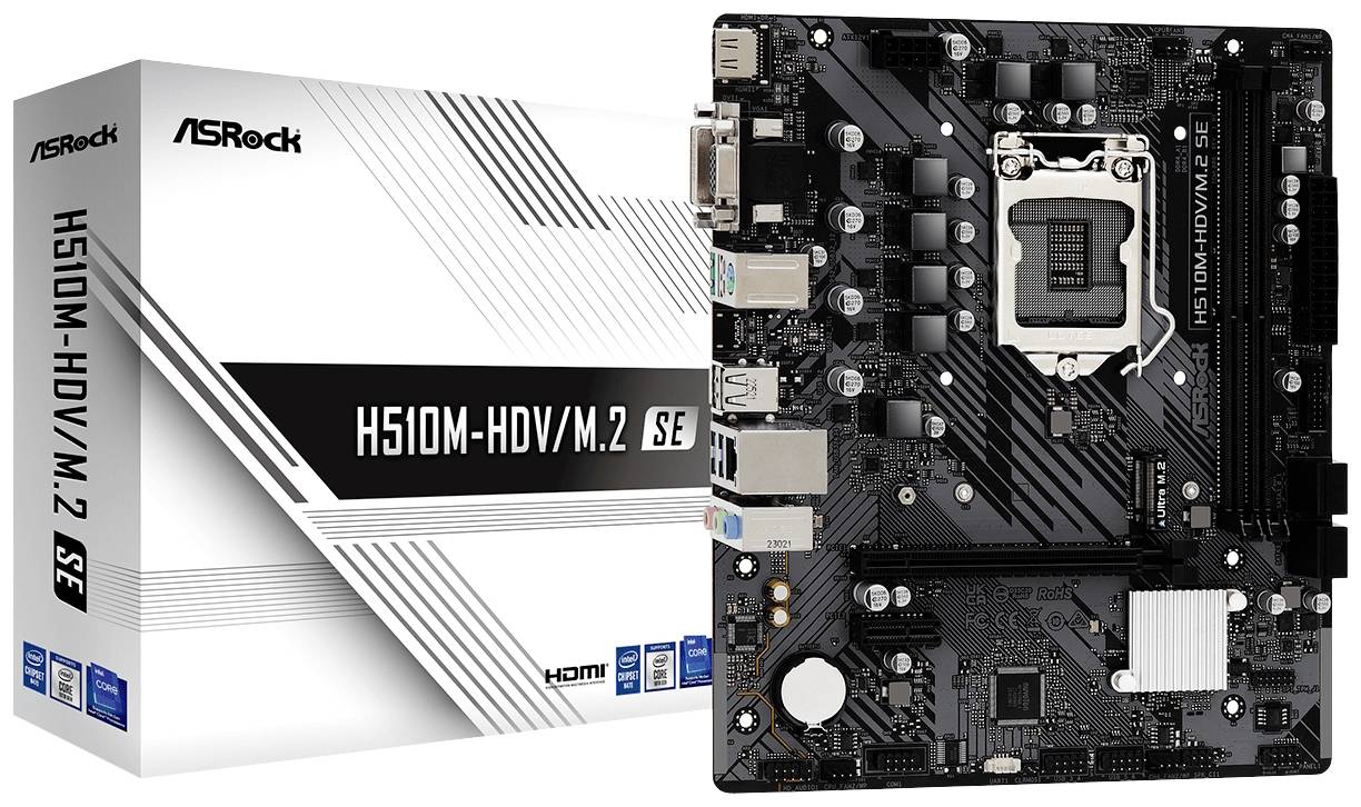 Hauptplatine ASRock H510M-HDV/M.2 SE, Mini-ATX-Format, mit Box. Enthält HDMI-Anschluss, verschiedene Ports und Sockel für Intel-CPUs.