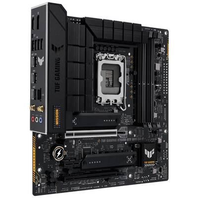 Schwarzes ASUS TUF Gaming B760M-BTF WIFI D4 Mainboard mit Erweiterungsslots, Kühlern und Anschlussports, geeignet für Gaming-PCs.