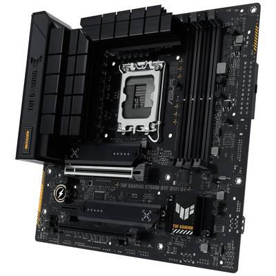 Leiterplatte eines ASUS TUF Gaming B760M-BTF WiFi D4 Motherboards. Zeigt Anschlüsse, RAM-Steckplätze und Kühlungskomponenten.
