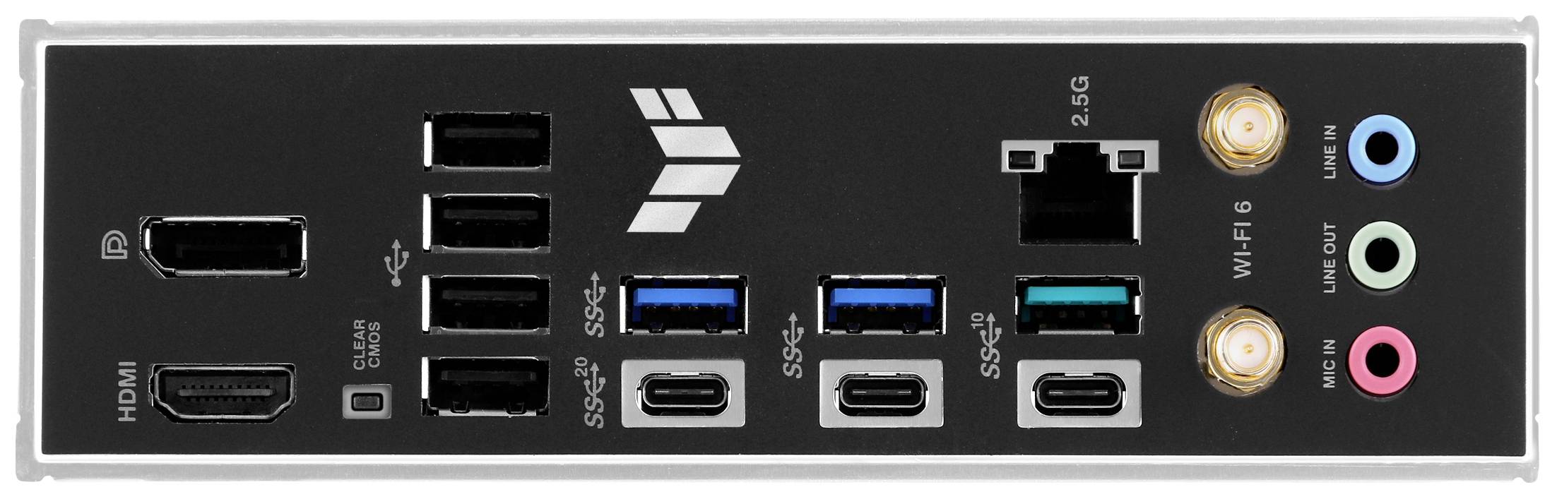 Rückseite eines Computer-Motherboards mit verschiedenen Anschlüssen, darunter HDMI, USB-Anschlüsse, Netzwerkanschlüsse und Audioanschlüsse.