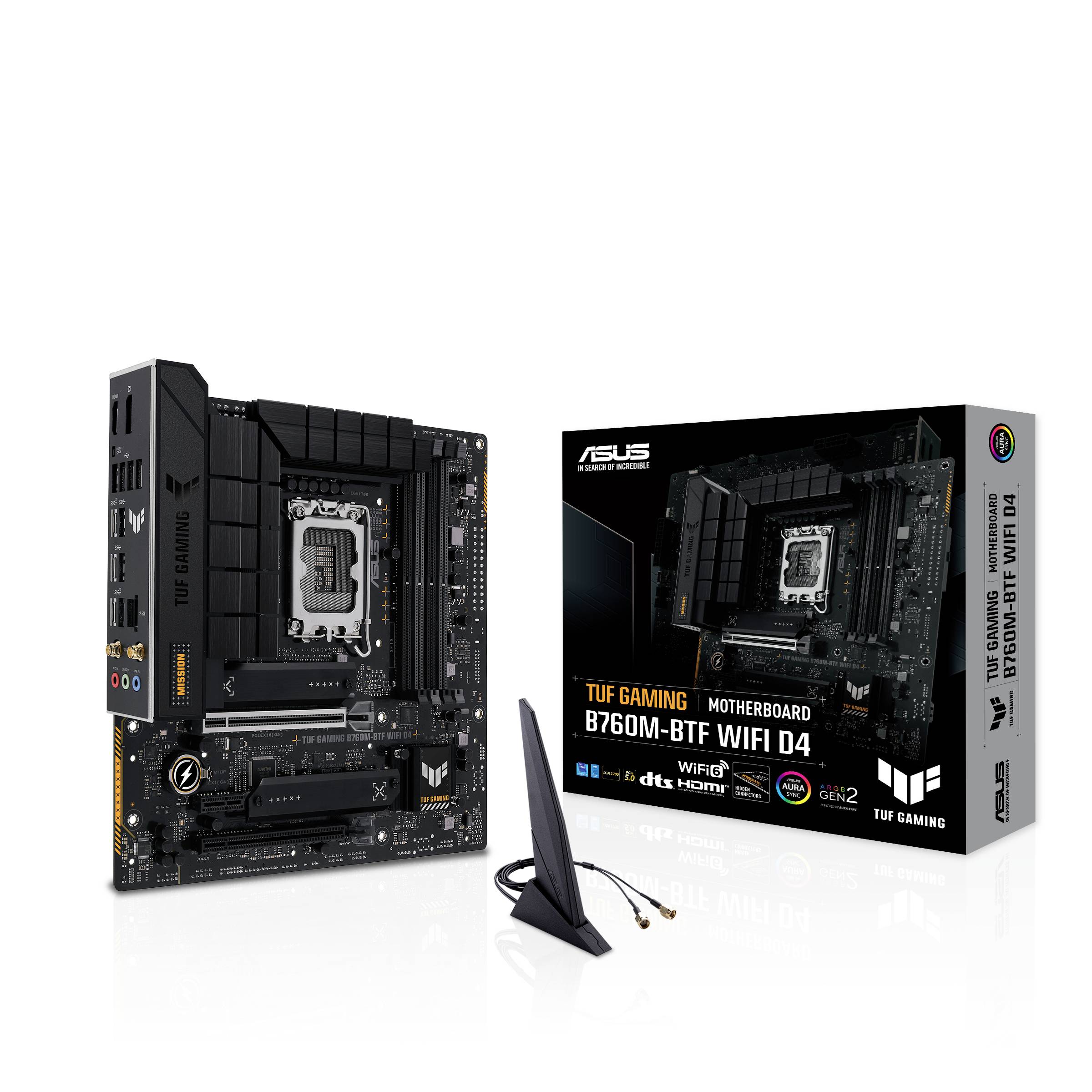 'TUF Gaming Mainboard B760M-BTF WIFI D4' abgebildet mit Verpackung und Antenne, geeignet für Gaming-Enthusiasten.